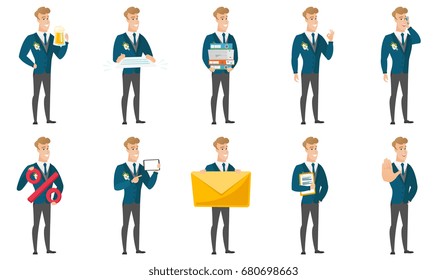 Caucasian smiling groom showing an ok sign. Young cheerful groom making an ok sign. Successful happy groom gesturing an ok sign. Set of vector flat design illustrations isolated on white background.