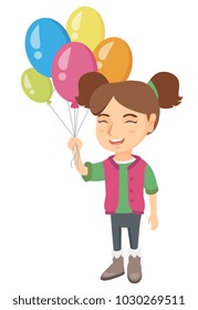 Kaukasisch lächelndes glückliches Mädchen mit dem Haufen von bunten Luftballons in der Hand. Fröhliches Mädchen, das den Ballonhaufen hält. Vektorgrafik-Cartoon-Illustration einzeln auf weißem Hintergrund.