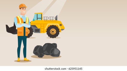 Caucasian smiling male miner in hard hat standing on the background of big excavator. Confident miner in helmet with crossed arms standing near coal. Vector flat design illustration. Horizontal layout