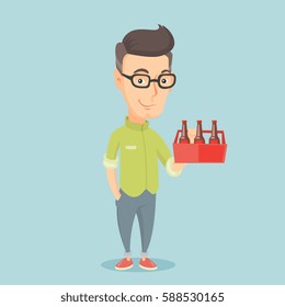 Caucasian Smiling Man Buying Beer. Happy Man Holding Pack Of Beer. Full Length Of Cheerful Man Carrying A Six Pack Of Beer. Vector Flat Design Illustration. Square Layout.