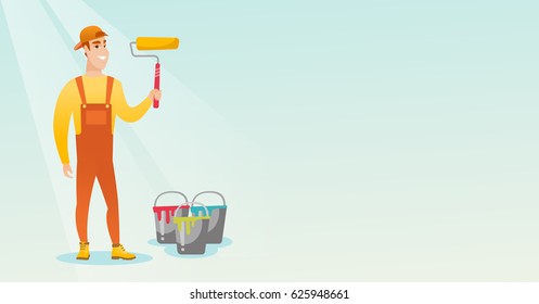 Caucasian Smiling Painter In Uniform Holding Paint Roller In Hands. Young Cheerful House Painter At Work. Happy Painter Standing Near Paint Cans. Vector Flat Design Illustration. Horizontal Layout.