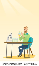 Caucasian smiling student carrying out laboratory experiment. Student working with microscope at laboratory class. Student experimenting in laboratory. Vector flat design illustration. Vertical layout