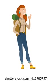 Caucasian smiling traveler woman showing ok sign. Young cheerful traveler making ok sign. Successful happy traveler gesturing ok sign. Vector flat design illustration isolated on white background.