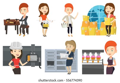 Caucasian smiling woman controlling delivery drone with post package. Young happy woman getting post package from delivery drone. Set of vector flat design illustrations isolated on white background.