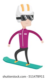 Caucasian snowboarder snowboarding. Snowboarder on piste in mountains. Young snowboarder snowboarding in the mountains. Vector flat design illustration isolated on white background.