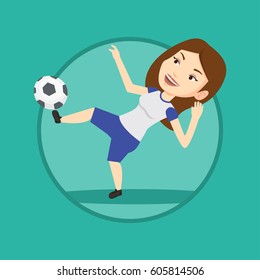 Caucasian soccer player kicking ball during game. Soccer player juggling with a ball. Football player playing with soccer ball. Vector flat design illustration in the circle isolated on background.