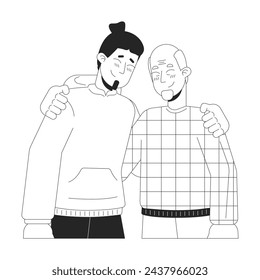 Caucasian son and senior father hugging black and white 2D line cartoon characters. European family members isolated vector outline people. Comforting caring dad monochromatic flat spot illustration