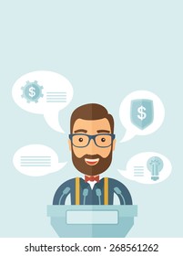 A Caucasian speaker stands behind a podium with microphones makes a business report  and marketing strategy inside the conference room. Presentation, reporting concept. A contemporary style with