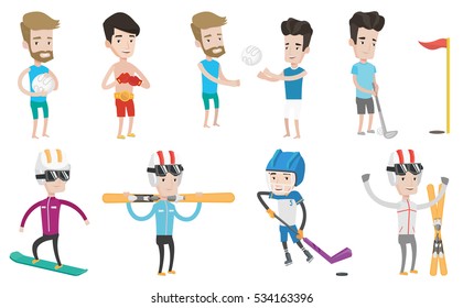 Caucasian sportsman holding volleyball ball in hands. Friends having fun while playing beach volleyball. Sportsman playing hockey. Set of vector flat design illustrations isolated on white background.