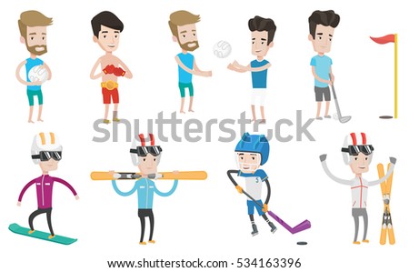 Deportista caucásico sosteniendo el voleibol en las manos. Amigos divirtiéndose mientras juegan al voleibol playa. Deportista jugando al hockey. Conjunto de ilustraciones de diseño plano vectorial aisladas en fondo blanco.