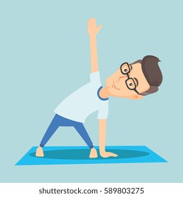 Caucasian sportsman meditating in yoga triangle position. Cheerful sportsman standing in yoga triangle pose. Sporty man doing yoga on the mat. Vector flat design illustration. Square layout.