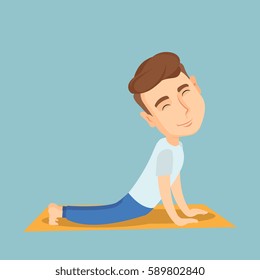 Caucasian sportsman meditating in yoga upward dog position. Young happy sportsman practicing yoga upward dog pose. Sporty man doing yoga on the mat. Vector flat design illustration. Square layout.