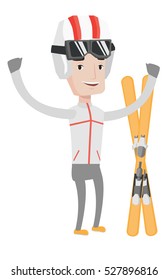 Caucasian sportsman standing with skis. Young man skiing. Cheerful skier with raised hands standing near skis. Skier resting in ski resort. Vector flat design illustration isolated on white background