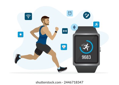 Caucasian sportsman uses smart watch for counting steps. Fitness tracker with application - step counter, pedometer, activity heart rate monitoring. Modern wireless technology. Vector illustration