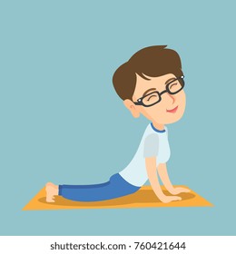 Caucasian sportswoman meditating in yoga upward dog position. Young sportswoman practicing yoga upward dog pose. Sporty woman doing yoga on the mat. Vector cartoon illustration. Square layout.
