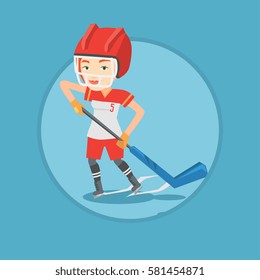 Caucasian sportswoman playing ice hockey. Ice hockey player in uniform skating on a rink. Ice hockey player with a stick and puck. Vector flat design illustration in the circle isolated on background.