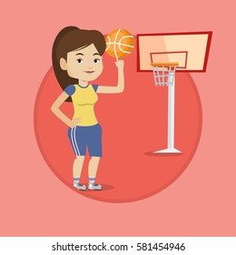 Caucasian sportswoman spinning basketball ball on her finger. Basketball player standing on the court. Basketball player in action. Vector flat design illustration in the circle isolated on background