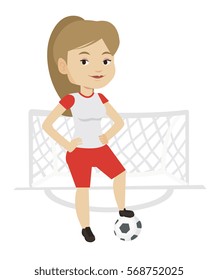 Caucasian sportswoman standing with football ball on the stadium. Professional female football player standing with ball on the field. Vector flat design illustration isolated on white background.
