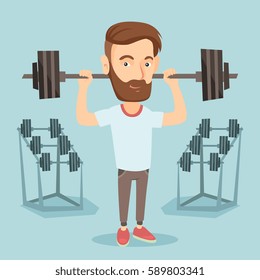 Caucasian sporty man lifting a heavy weight barbell. Strong sportsman doing exercise with barbell. Hipster weightlifter holding a barbell in the gym. Vector flat design illustration. Square layout.