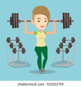 Caucasian sporty woman lifting a heavy weight barbell. Strong sportswoman doing exercise with barbell. Female weightlifter holding a barbell in the gym. Vector flat design illustration. Square layout.