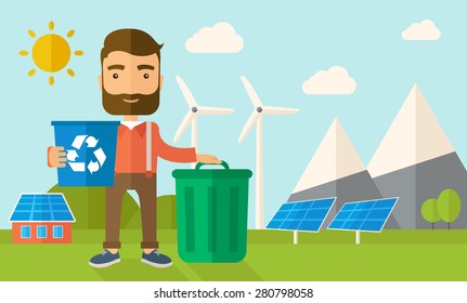 A Caucasian standing outside the house sorting a trash and will throw to the barbage bin. Eco-friendly. A Contemporary style with pastel palette, soft blue tinted background with desaturated clouds