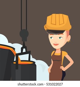 Caucasian steelworker in a hardhat at work in the foundry. Steelworker controlling iron smelting in the foundry. Industrial worker in steel making plant. Vector flat design illustration. Square layout