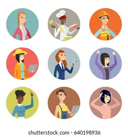Caucasian stewardess holding a model of airplane. Stewardess with model of airplane. Set of different professions. Set of vector flat design illustrations in the circle isolated on white background.