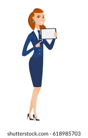 Caucasian stewardess holding tablet computer. Full length of young stewardess pointing at tablet computer. Stewardess with tablet computer. Vector flat design illustration isolated on white background