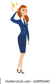 Caucasian stewardess with lightning over head. Full length of stewardess with lightning. Confident stewardess standing under lightning. Vector flat design illustration isolated on white background.