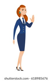 Caucasian Stewardess Showing Stop Hand Gesture. Full Length Of Young Stewardess Doing Stop Gesture. Serious Stewardess With A Stop Gesture. Vector Flat Design Illustration Isolated On White Background