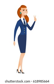 Caucasian stewardess showing the victory gesture. Stewardess showing the victory sign with two fingers. Stewardess with victory gesture. Vector flat design illustration isolated on white background.