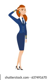 Caucasian stewardess in uniform gives salute. Full length portrait of young stewardess saluting. Stewardess with serious face saluting. Vector flat design illustration isolated on white background.