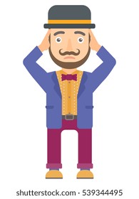 Caucasian stressed circus actor clutching his head. Worried circus actor grabs his head. Sad circus actor holding his hands on a head. Vector flat design illustration isolated on white background.
