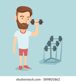 Caucasian strong sportsman doing exercise with dumbbell. Young sporty man lifting a heavy weight dumbbell. Weightlifter holding dumbbell in the gym. Vector flat design illustration. Square layout.