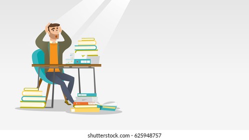 Caucasian student with beard studying hard before exam. Young stressed student studying with textbooks. Desperate student studying in the library. Vector flat design illustration Horizontal layout.