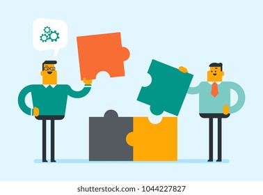Caucasian student completing idea lightbulb made of puzzle. Young smiling student inserts the missing puzzle in an idea lightbulb. Business idea concept. Vector cartoon illustration. Horizontal layout