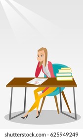 Caucasian student disappointed by test with F grade. Sad young student looking at test paper with bad mark. Student dissatisfied with the test results. Vector flat design illustration. Vertical layout