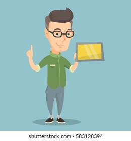 Caucasian student holding tablet computer and pointing forefinger up. Student using a tablet computer for education. Concept of educational technology. Vector flat design illustration. Square layout.