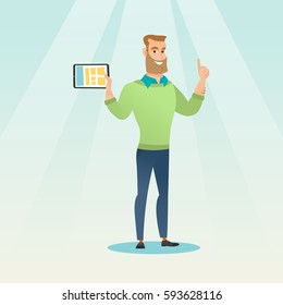 Caucasian student holding tablet computer and pointing forefinger up. Student using a tablet computer for education. Concept of educational technology. Vector flat design illustration. Square layout.