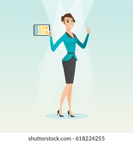 Caucasian student holding tablet computer and pointing forefinger up. Student using a tablet computer for education. Concept of educational technology. Vector flat design illustration. Square layout.
