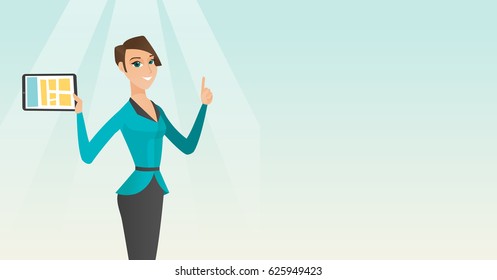 Kaukasischer Student, der Tablet-Computer hält und mit dem Zeigefinger nach oben zeigt. Schüler mit Tablet-Computer für die Ausbildung. Konzept der Bildungstechnologie. Vektorflache Design-Illustration. Horizontales Layout