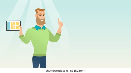 Estudiante caucásico sosteniendo una tablet y apuntando hacia arriba. Estudiante usando tablet para la educación. Concepto de tecnología educativa. Ilustración de diseño plana vectorial. Diseño horizontal