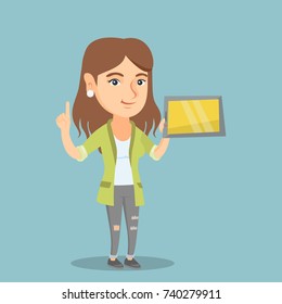 Caucasian student holding a tablet computer and pointing forefinger up. Student using a tablet computer for education. Concept of educational technology. Vector cartoon illustration. Square layout.
