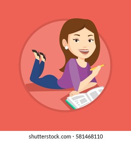 Caucasian student laying on the floor and reading a book. Student laying with notebook. Student writing while laying on the floor. Vector flat design illustration in the circle isolated on background.