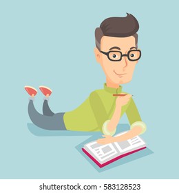 Caucasian student laying on the floor and reading a book. Student laying with notebook. Student writing while laying on the floor. Concept of education. Vector flat design illustration. Square layout.