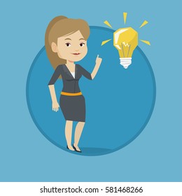 Caucasian student pointing finger up at the idea bulb. Young excited student with bright idea bulb. Student having a great idea. Vector flat design illustration in the circle isolated on background.