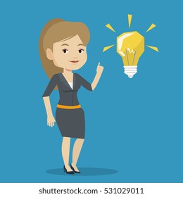 Caucasian student pointing her finger up at the idea bulb. Young excited female student with bright idea bulb. Smiling student having a great idea. Vector flat design illustration. Square layout.