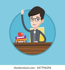 Kaukasischer Student, der die Hand für eine Antwort erhebt. Student saß mit erhöhter Hand am Schreibtisch. Schuljunge hebt beim Unterricht die Hand. Vektorflache Design-Illustration im Kreis einzeln auf Hintergrund.