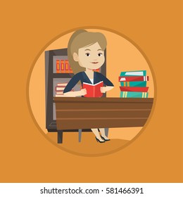 Caucasian student sitting at the table and holding a book in hands. Cheerful female student reading a book and preparing for exam. Vector flat design illustration in the circle isolated on background.