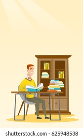 Caucasian student sitting at the table and holding a book in hands. Student reading book in the library. Student reading a book and preparing for exam. Vector flat design illustration. Vertical layout